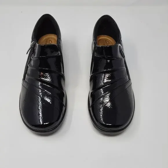 Clarks Collection Women’s Black Patent Leather Comfort Shoes Zip Size 9 Wide NEW - Picture 2 of 14